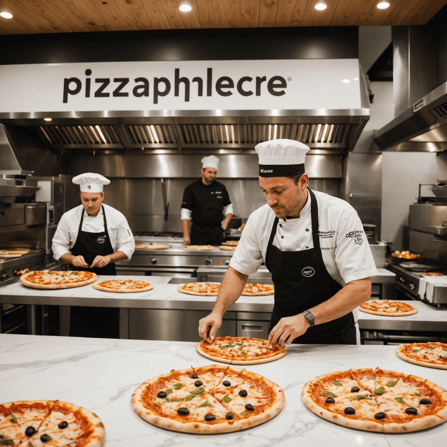 Imagine cu o bucătărie modernă de pizza PizzaSphere, cu bucătari pregătind pizza proaspătă pe un blat de marmură, cuptoare de pizza profesionale în fundal și logo-ul PizzaSphere vizibil pe perete