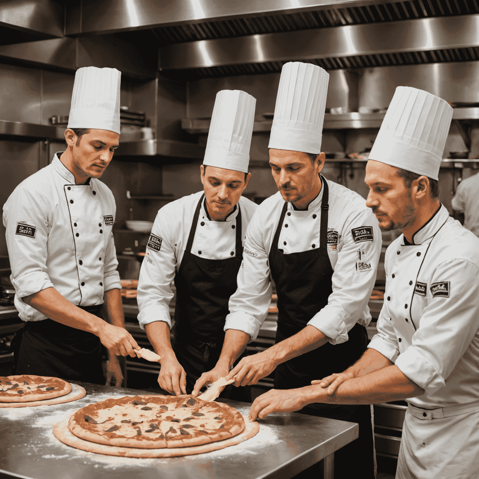 Imagine cu un bucătar expert demonstrând tehnici de întindere a aluatului de pizza unui grup de ucenici într-o bucătărie modernă de restaurant.