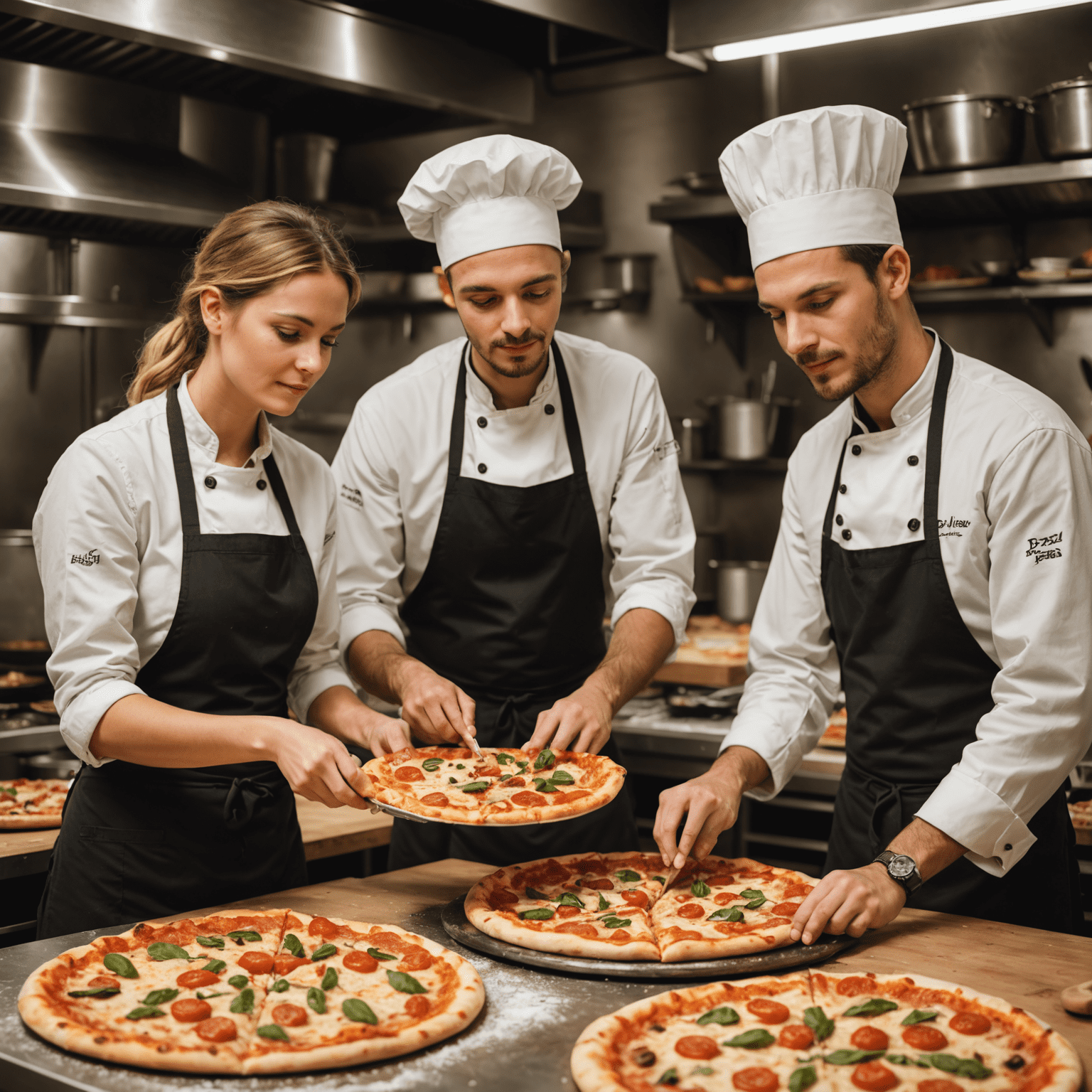 O imagine cu personal de pizza în training, învățând tehnici de preparare și servire a pizzei.