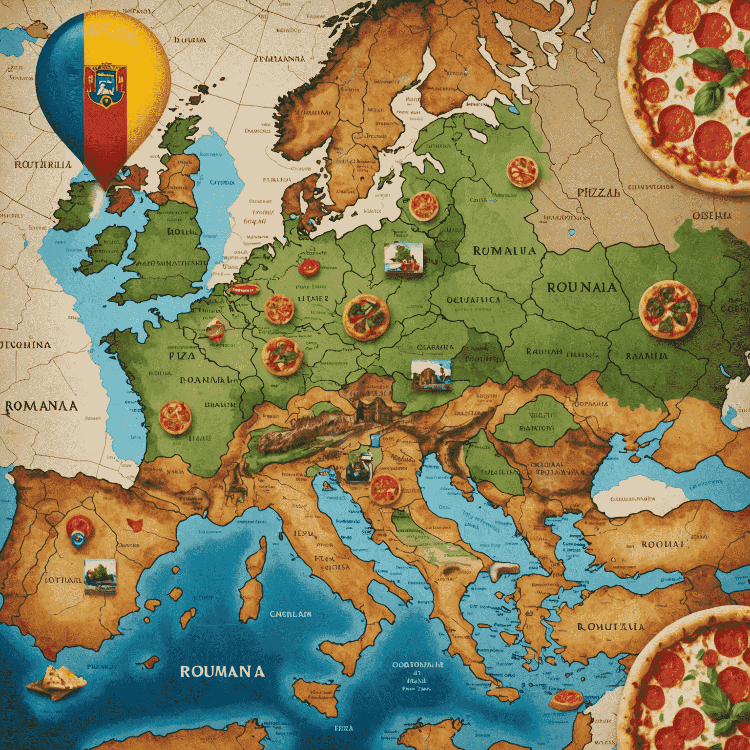 O imagine cu o hartă a României evidențiind potențiale locații pentru francize de pizza și elemente culturale românești.